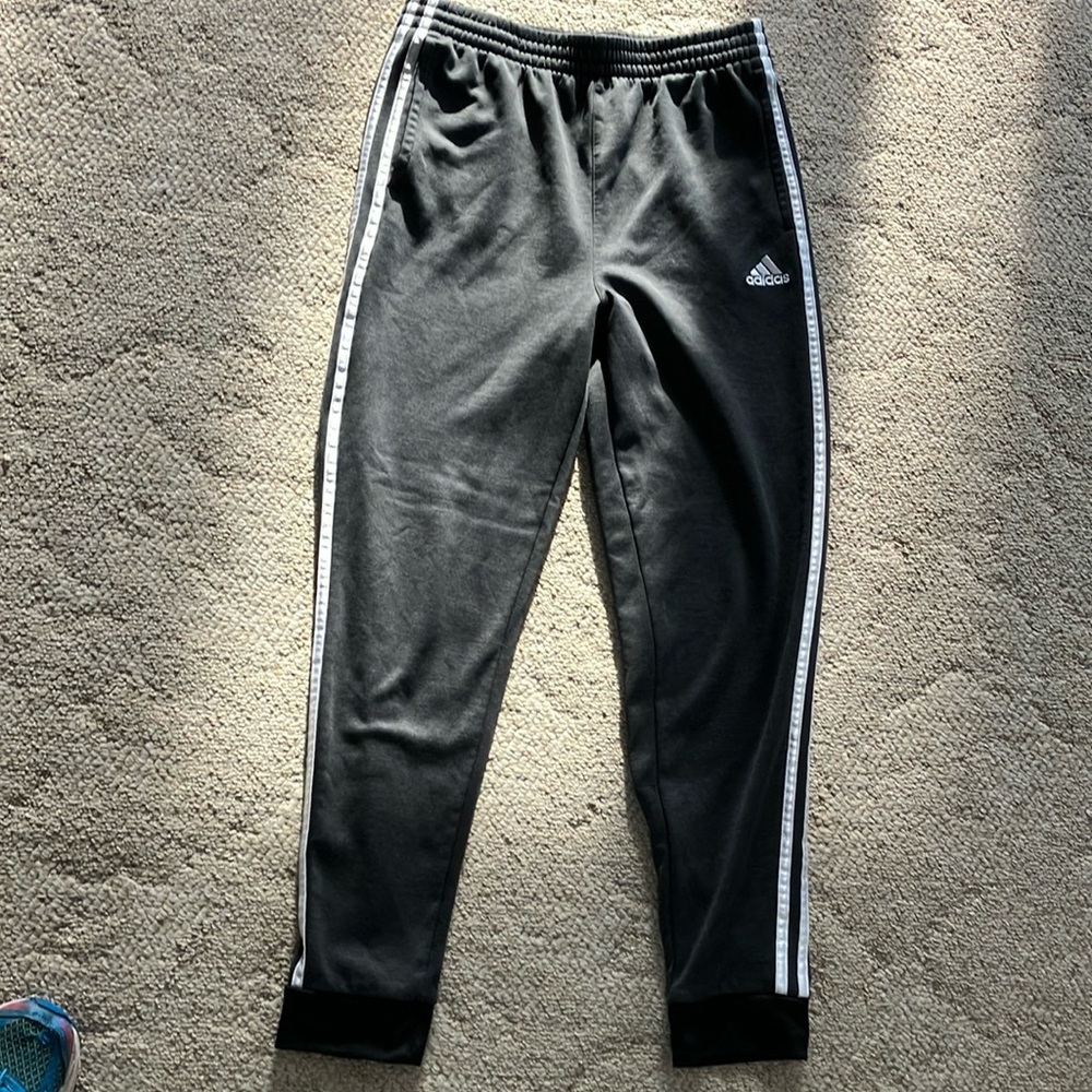 Adidas Black XL Athletic Pants with two pockets and white stripes down the legs